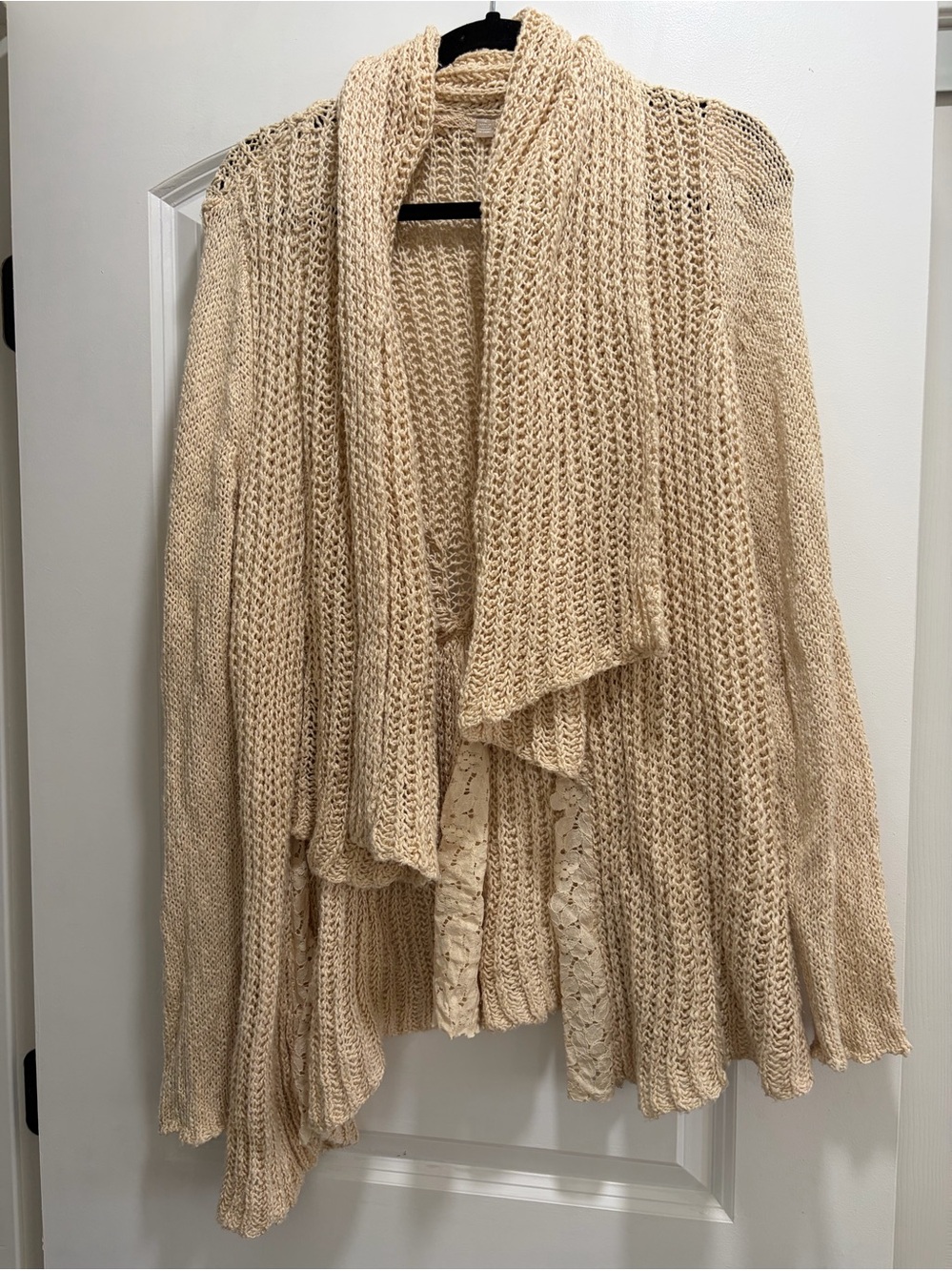 Anthropologie 100% Cotton Boho Open Knit Waterfall Cardigan Cream